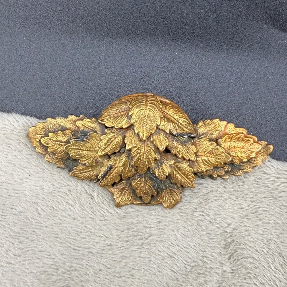 Vintage Estate Brooch Gold Tone Leaf Sash Pin Textured Floral 3in
